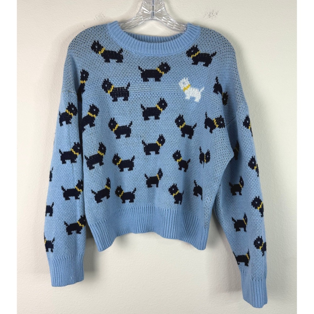 No Boundaries Sweater Womens L Stranger Things Nancy Wheeler Scottie Dog Blue
